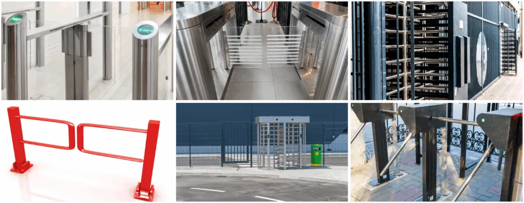 Various types of turnstile gates including tripod, full-height, swing, and flap barriers used for access control and security management.