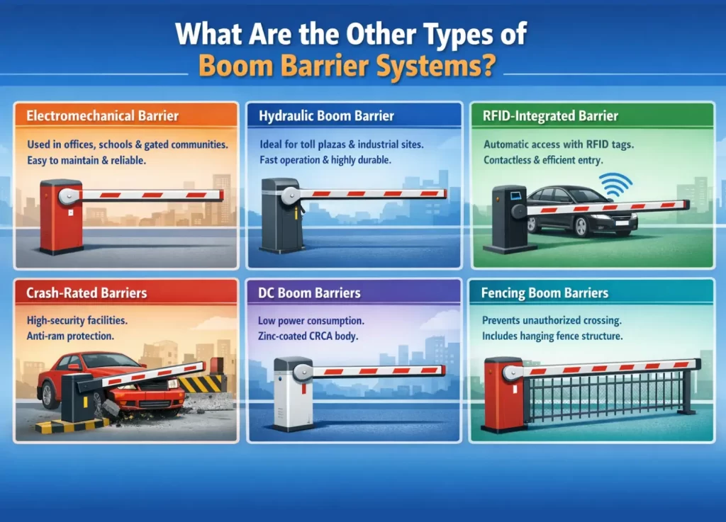 What Are the Other Types of Boom Barrier Systems?" featuring six categories: Electromechanical, Hydraulic, RFID-Integrated, Crash-Rated, DC Boom, and Fencing Boom Barriers. Each type includes a brief description and an illustrative icon of the security gate.